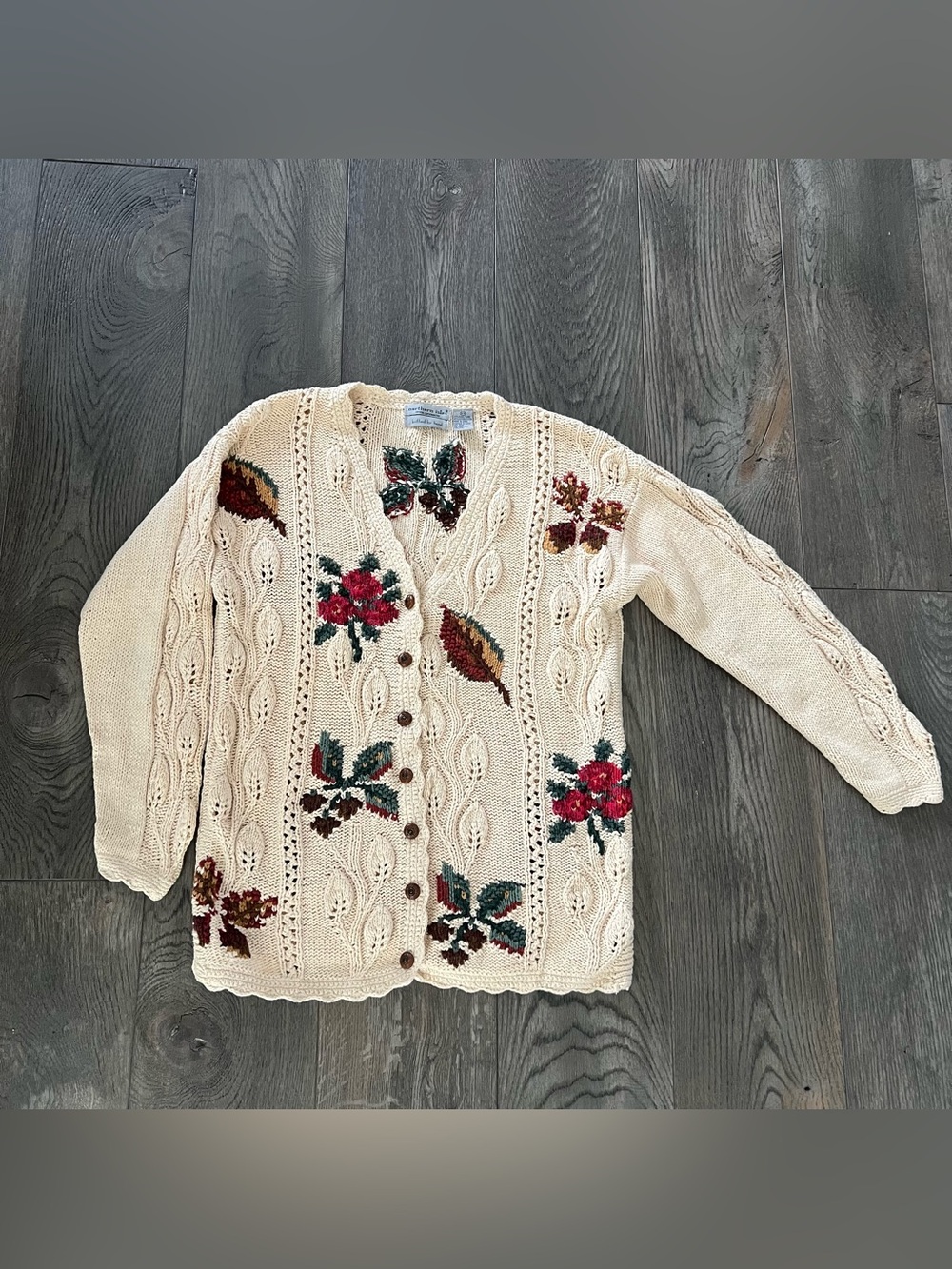 Vintage 90s NORTHERN ISLES Hand Knit Fall Autumn Theme Cardigan Sweater Size M